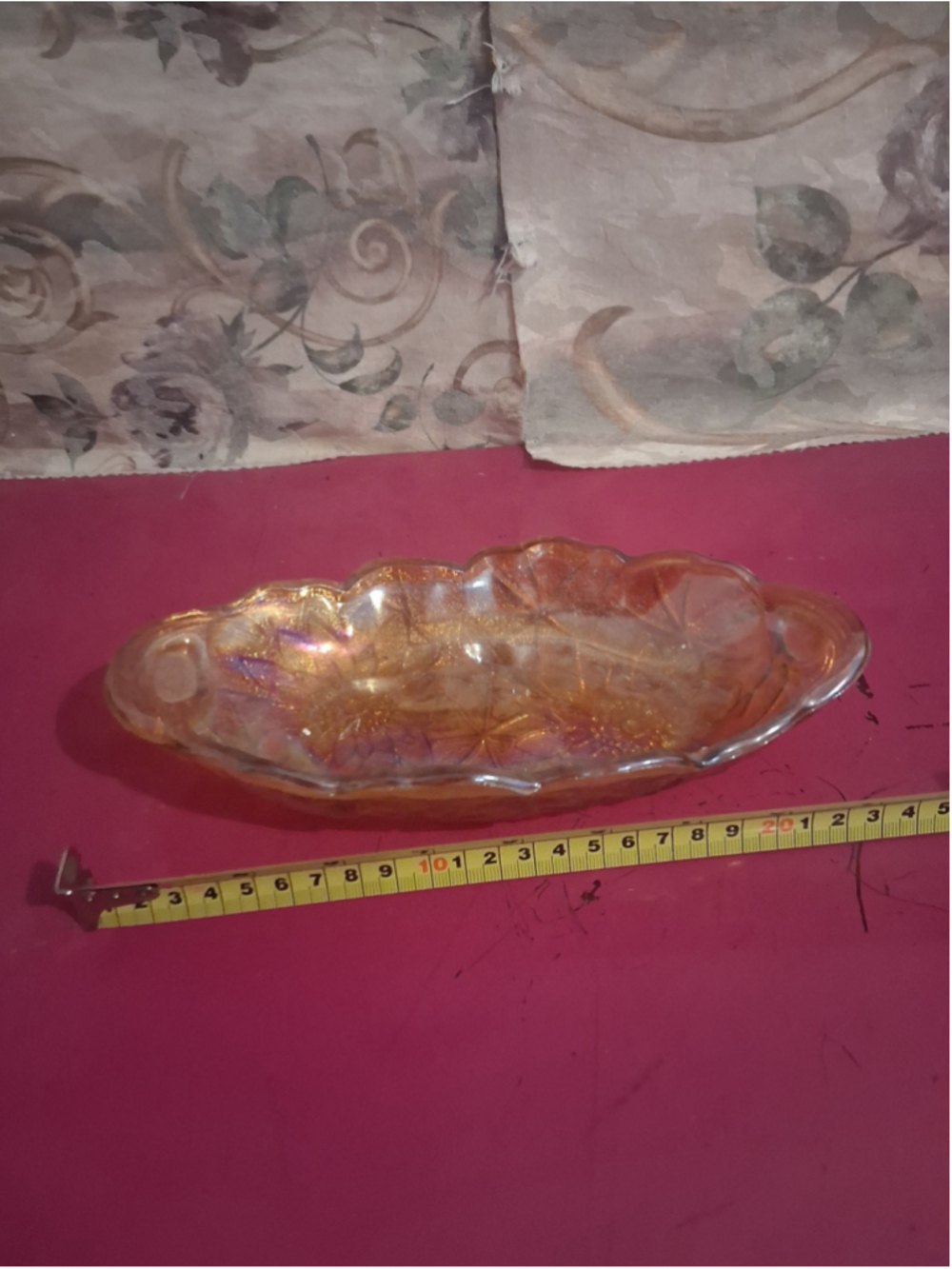 Iridescent Marigold Carnival Glass Floral Serving Dish One Size